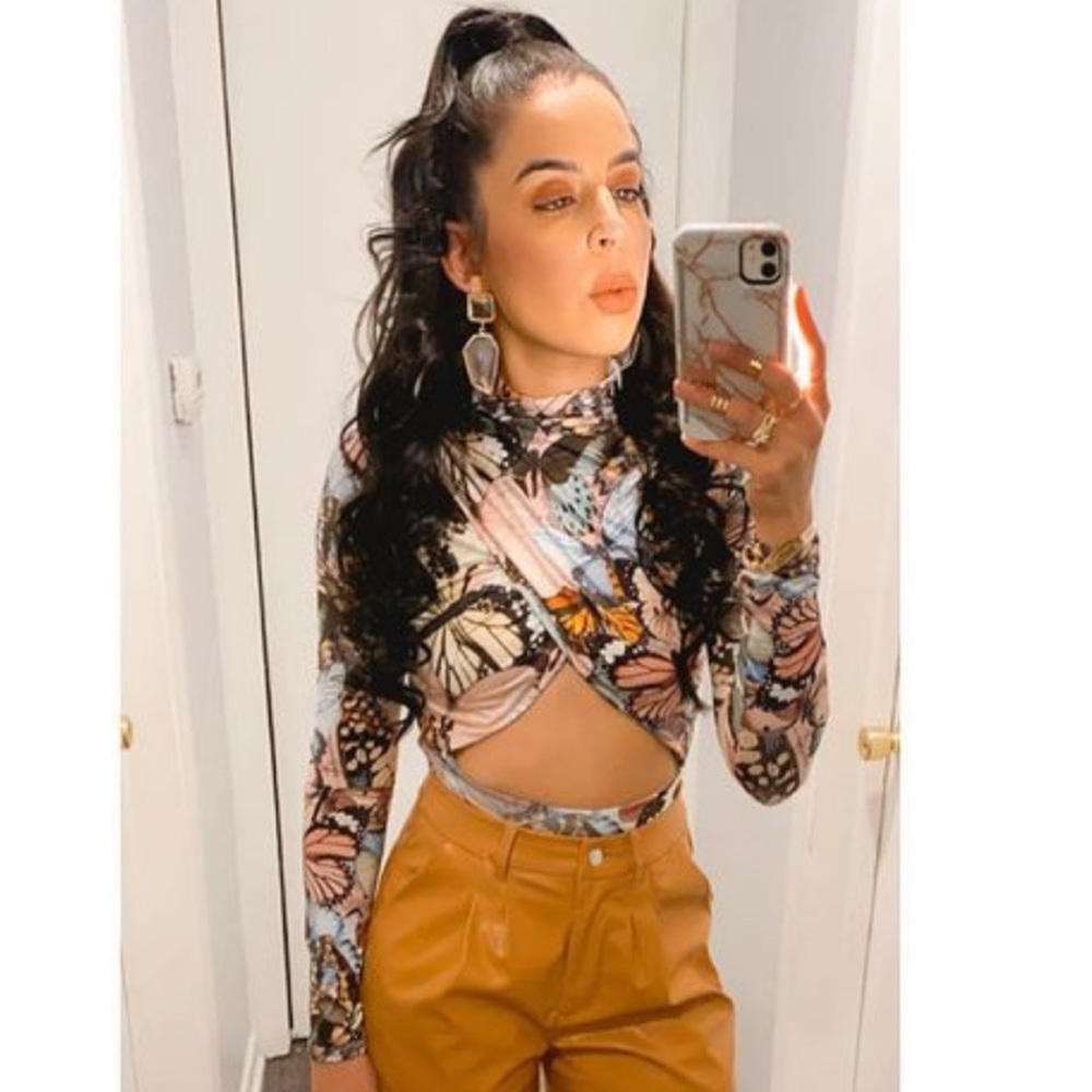 Pink butterfly print slinky ruched neck bodysuit